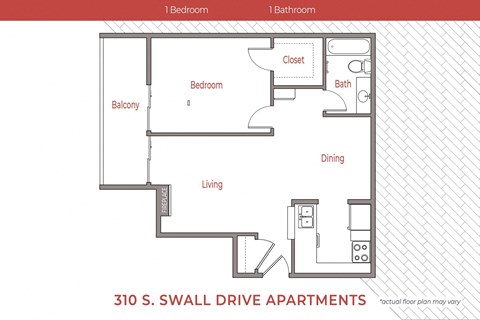 Floor plan for 1 bed, 1 bath, 700 sqft